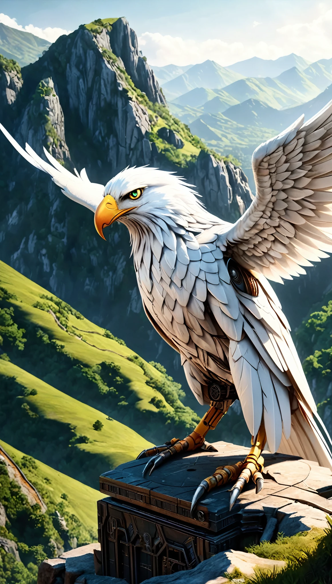 a cyborg bird with detailed white and red gears, glowing green gear-shaped eyes, large realistic white eagle beak, large open wings with textured metallic white-gray finish resembling realistic feathers, sitting on the tip of a horizontal hill, natural mountain and green landscape background, (best quality,4k,8k,highres,masterpiece:1.2),ultra-detailed,(realistic,photorealistic,photo-realistic:1.37),highly detailed, intricate machinery, concept art, cinematic lighting, dramatic composition, vibrant colors