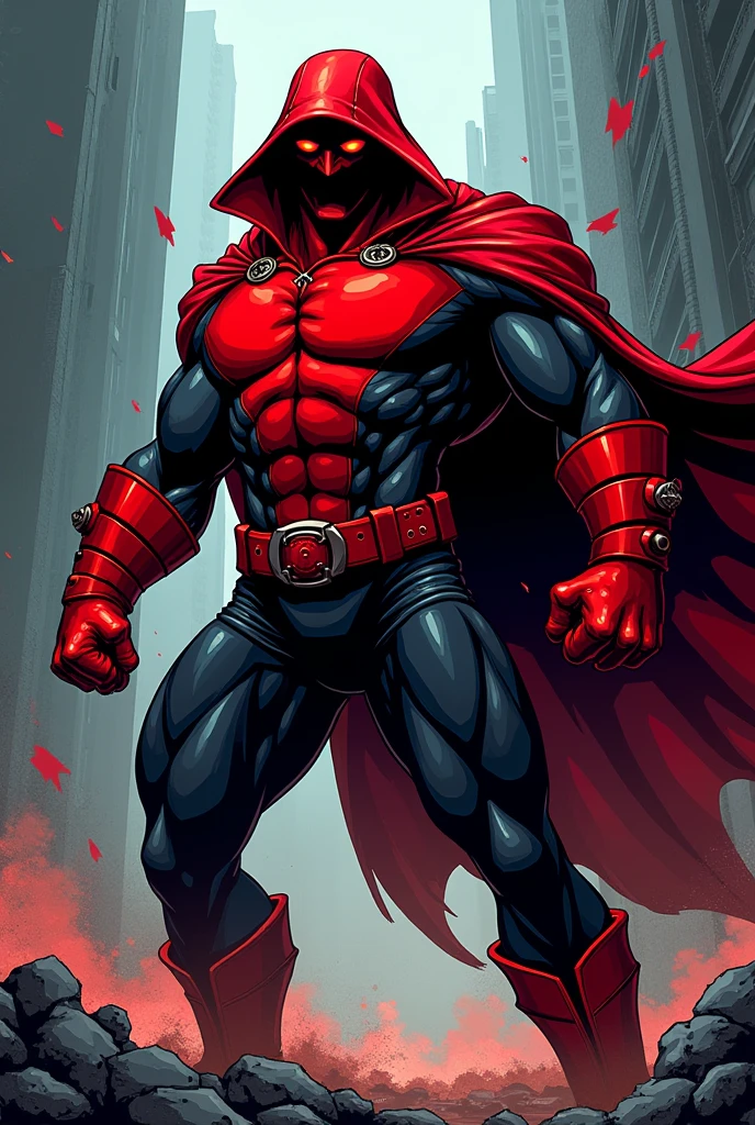 Malaysia man wear helmet domino mask red black color. Cape on armpits. Very athletic body type. Big c logo on chest.