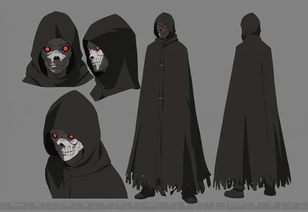90 percent human-like monsters with completely black eye sclerae and irises, giving them a frightening and otherworldly appearance. Their features are irregular and degraded, enhancing their menacing presence. They are dressed in haphazard and worn clothing, which complements their intimidating demeanor. The overall aesthetic is similar to the Reapers from The 100. The setting is dark and gloomy to emphasize their sinister nature.