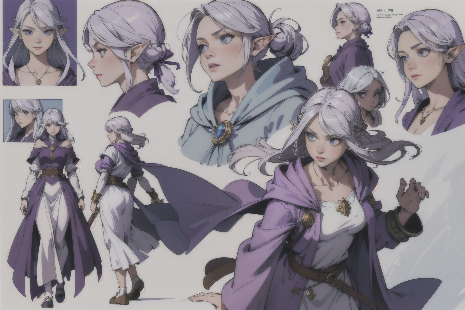(masterpiece,best quality,absurdres,lineart:1.2),(character sheet:1.3),(same face:1.1),1 female elf, silver hair, dynamic poses,medieval fantasy, accessories,(bulky backpack:1.1),staff,(dirty:1.2),purple mage robes , youthful female wizard, white background, pale skin, silver hair with violet hair strand, blue eyes, purple mage robes, cristal necklace, silver bracelets