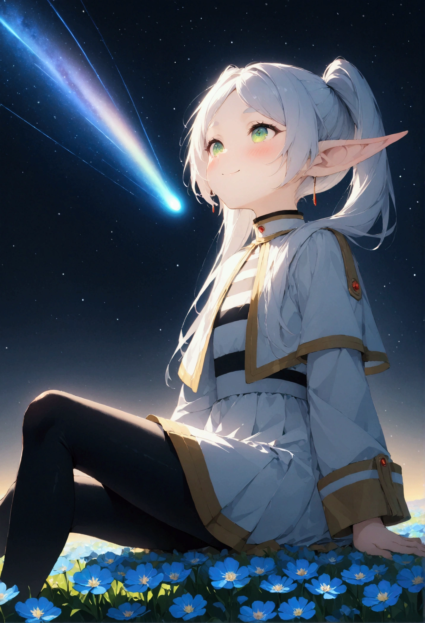  High image quality 、masterpiece、   high quality、Full HD、4K、画面の半分以上をNight Sky、 one girl sitting on the ground 、View from the side、 Funeral Freelen、 Silver Hair、 twin tails、Green Eyes、Elf Ears、 White Dress 、 striped inner、skirt with gold hem 、Black tights、 flat chest、Blushing cheeks 、 looking up at the sky 、Look Up、smile、Blue Flower Field、Draw 、Night Sky、 shooting stars、Meteor Shower