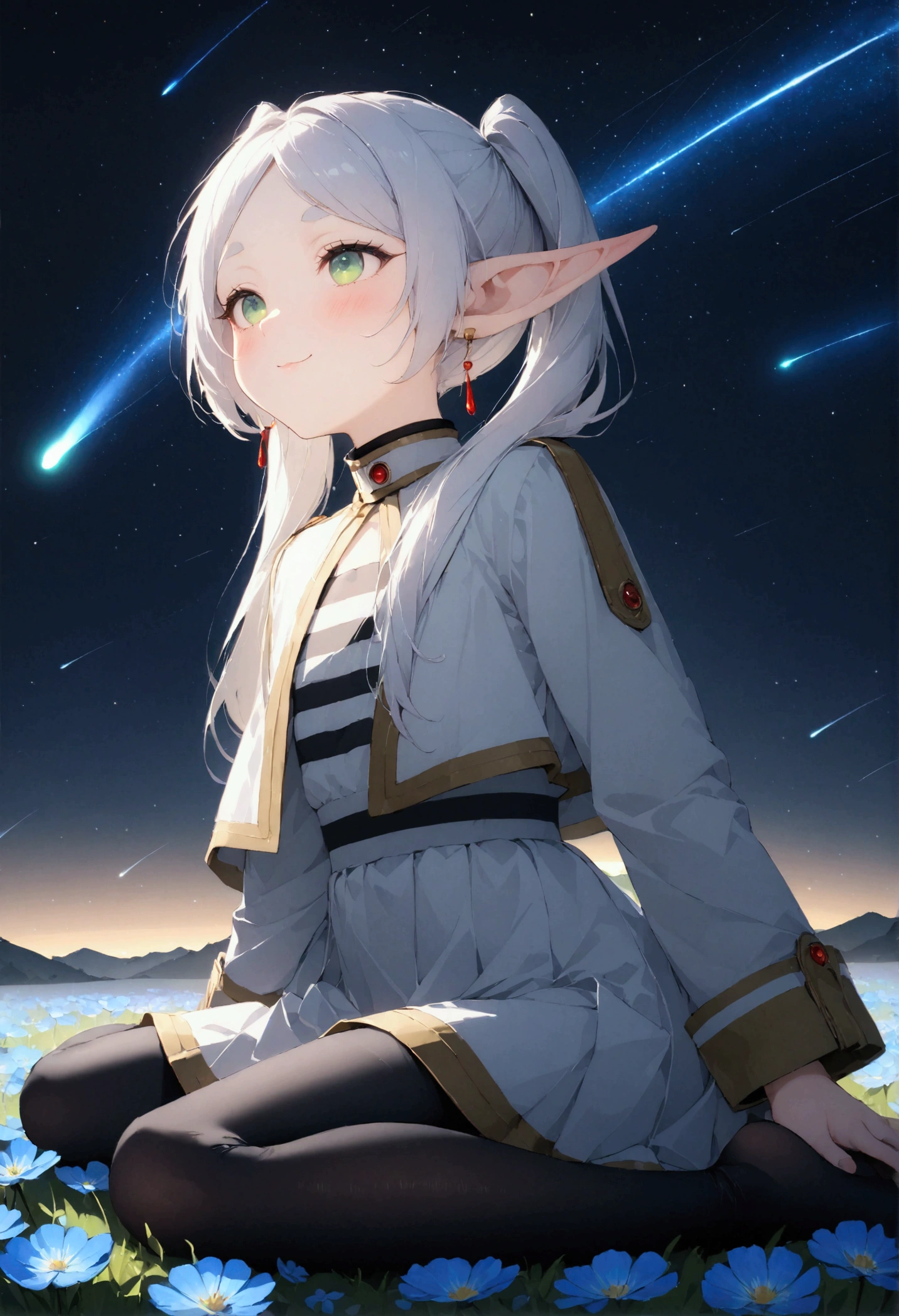  High image quality 、masterpiece、   high quality、Full HD、4K、画面の半分以上をNight Sky、 one girl sitting on the ground 、View from the side、 Funeral Freelen、 Silver Hair、 twin tails、Green Eyes、Elf Ears、 White Dress 、 striped inner、skirt with gold hem 、Black tights、 flat chest、Blushing cheeks 、 looking up at the sky 、Look Up、smile、Blue Flower Field、Draw 、Night Sky、 shooting stars、Meteor Shower