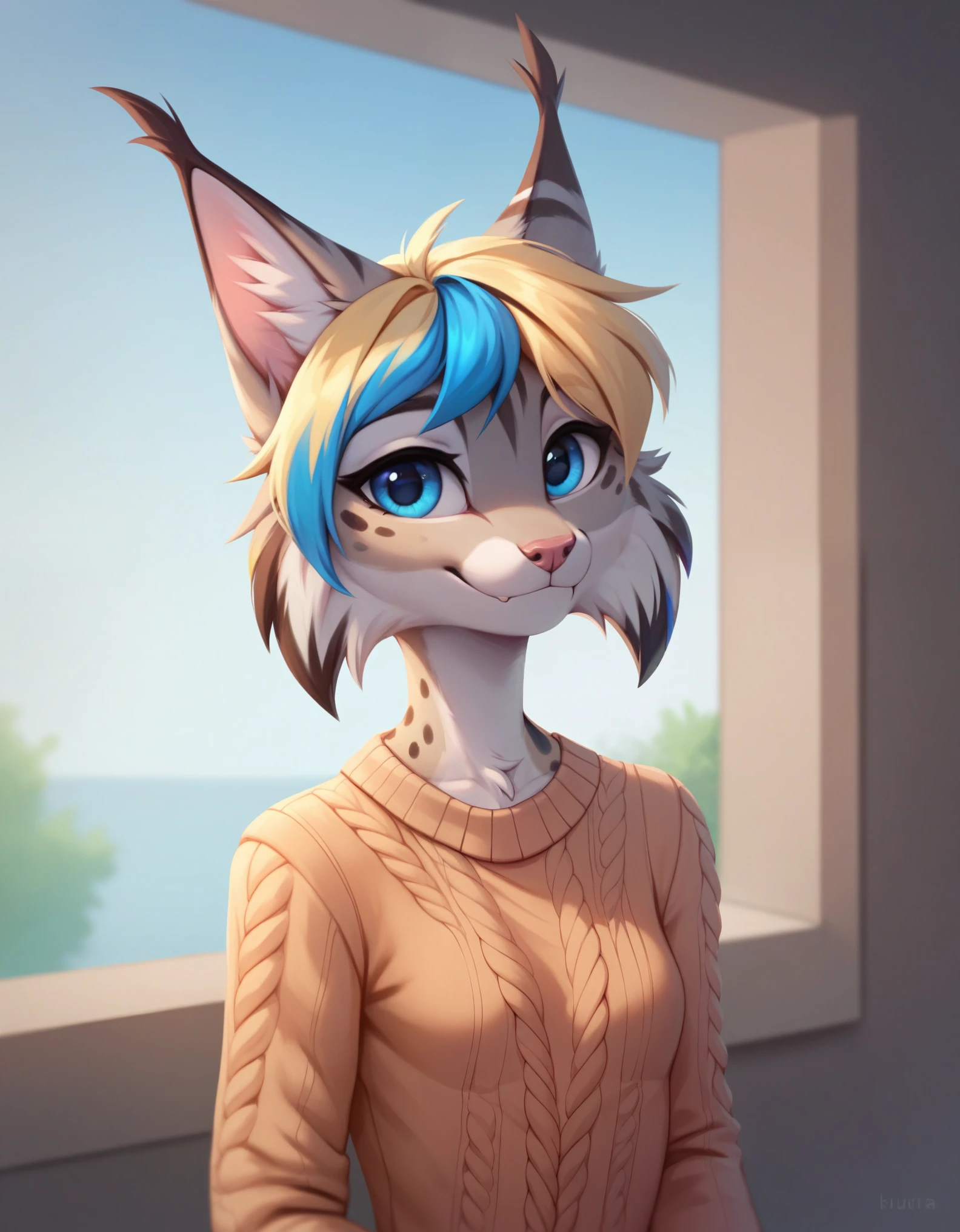 muse_style,  score_9, score_8_up, score_7_up, rating_safe,, 1girl, solo, digital_media_(artwork) hi_res,, beautiful, anthro, furry, female, furry female, detailed textured fur, fur tufts, lynx, slim, slender, small breasts, cute, sweater, denim jeans, multicolor hair, streaked hair, red blue blonde silver hair, blonde fur, beautiful blue eyes, smile, solo, SFW, 