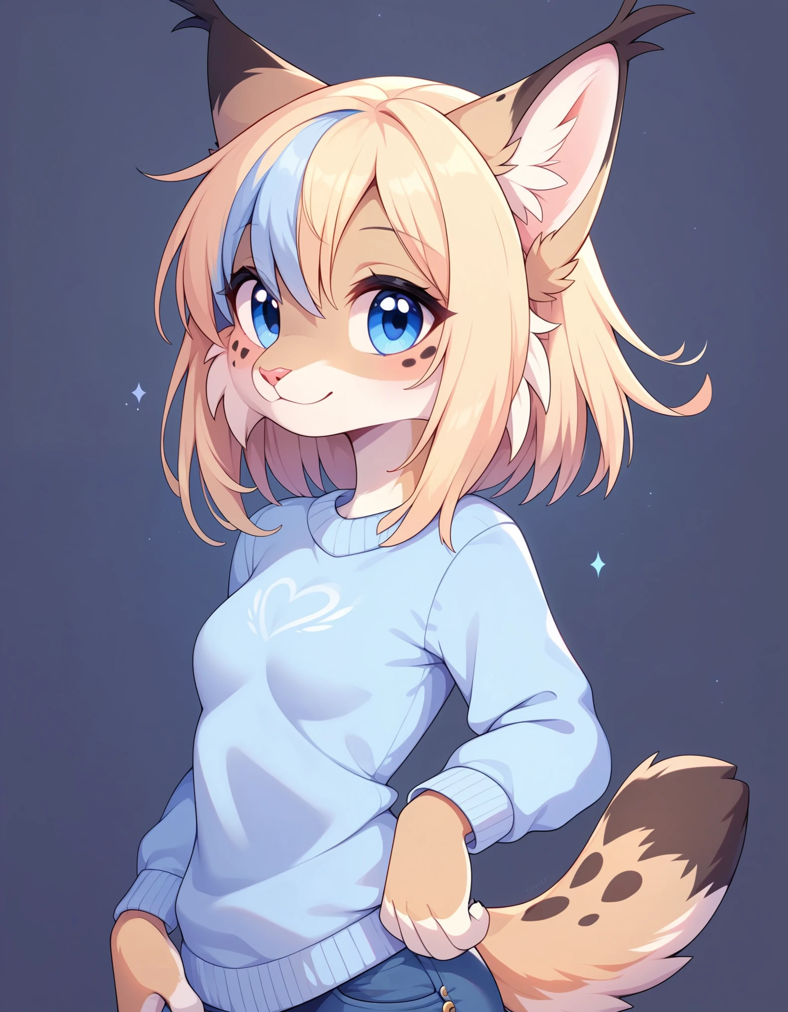 muse_style, score_9, score_8_up, score_7_up, rating_safe,,  1girl, solo, digital_media_(artwork) hi_res,, beautiful, anthro, furry, female, furry female, detailed textured fur, fur tufts, lynx, slim, slender, small breasts, cute, sweater, denim jeans, multicolor hair, streaked hair, red blue blonde silver hair, blonde fur, beautiful blue eyes, smile, solo, SFW,