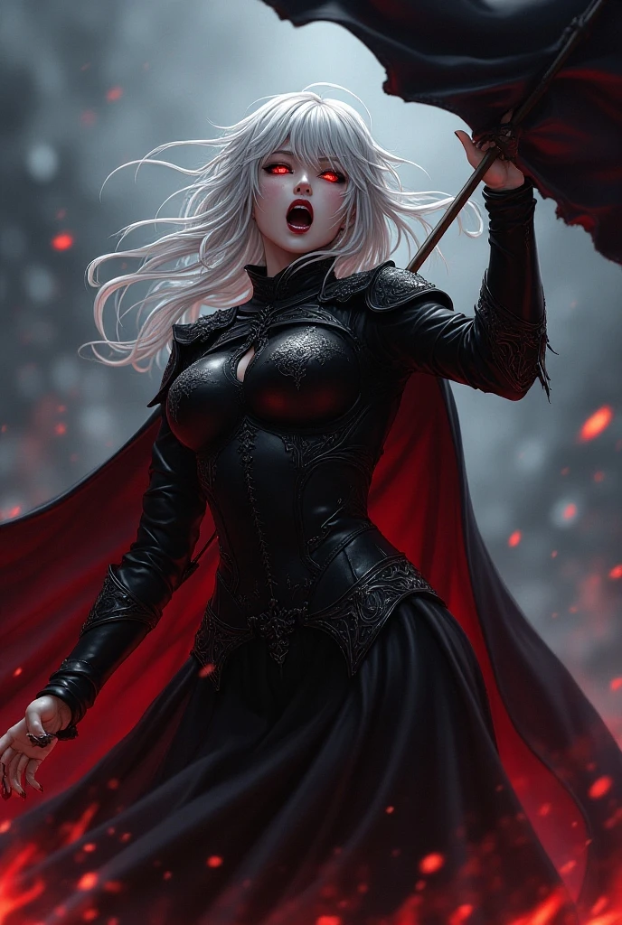 action shot, arafed, dark fantasy art, gothic art, (masterpiece:1.5), full body best details, highly detailed, best quality, highres, NeroV2, full body portrait of a vampire, elf (Masterpiece, best quality, ultra feminine: 1.5)  with a long curvy hair, dark color hair, red eyes (fantasy art, Masterpiece, best quality: 1.3), ((beautiful delicate face)), Ultra Detailed Face (intricate details, fantasy art, Masterpiece, best quality: 1.5), [visible vampiric fangs] (intricate details, fantasy art, Masterpiece, best quality: 1.5), [anatomically correct] red cloak, flowing cloak (intense details, fantasy art, Masterpiece, best quality: 1.3), wearing an intricate leather [white] dress (intricate details, gothic art, Masterpiece, best quality: 1.5), high heeled boots, blood dripping on lips, urban background (intense details, beat details), fantasy, at night light, natural ,moon light, soft moon light, moon rays, clouds, gothic atmosphere, gothic street background, bats flying in background, soft light, dynamic light, [[anatomically correct]], high details, best quality, 16k, [ultra detailed], masterpiece, best quality, (extremely detailed), dynamic angle, ultra wide shot, RAW, photorealistic