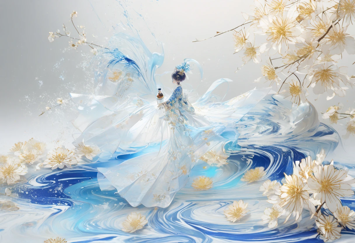 chibi, 3d rendering, full body, sideways，Looking over the shoulder，White transparent real-life painting，Colorful water splash rendering，Facial texture is clear， dress combines elements of a kimono and flowing ribbons, with a translucent hem that mimics the glow of sake under light. color palette includes deep blue and light blue, symbolizing the serenity of the night and the clarity of sake, with delicate white and gold floral patterns like chrysanthemums or cherry blossoms, white sand background，messy strokes，holding a bottle of 720ml japanese sake in hand, christmas Atmosphere, christmas environment