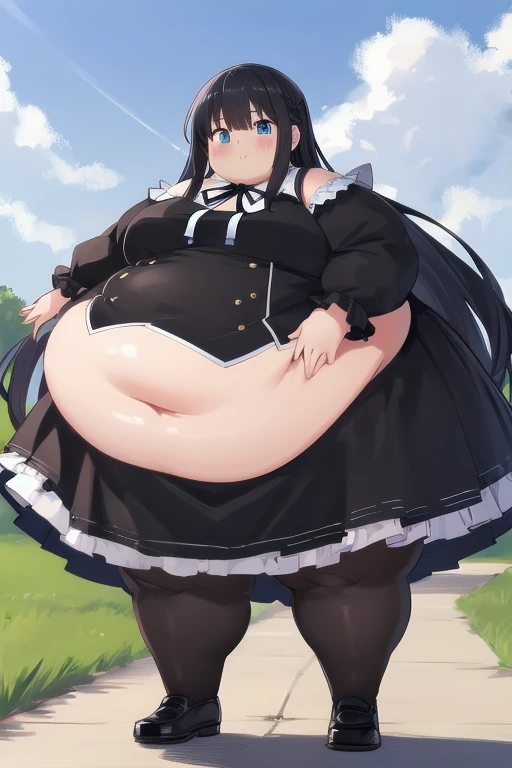 saori joumae, blue eyes, blue hair, halo, long hair, massive breasts, wide hips, torn clothes, massive hips, fat bare arms, wet, sweaty, tired, fat face, fat neck, double chin, witch hat, fantasy city, outdoors, cityscape