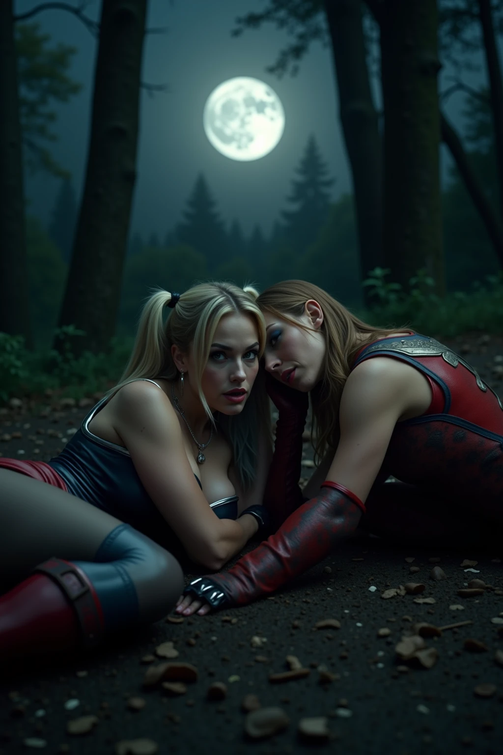 vampire teeth , ((((nighttime))) , 2girls, long hair , RAW photo, high quality, film grain,simple background, presenting, beautiful, (silver and red lined satin cloak tied at the neck:1.20) , ((biting neck:1.20)) , breasts, blood , cum in pussy, big ass, ,biting neck ,clothes lift,bottomless,  moonlit graveyard , (2girls,yuri), biting neck, naked pussy