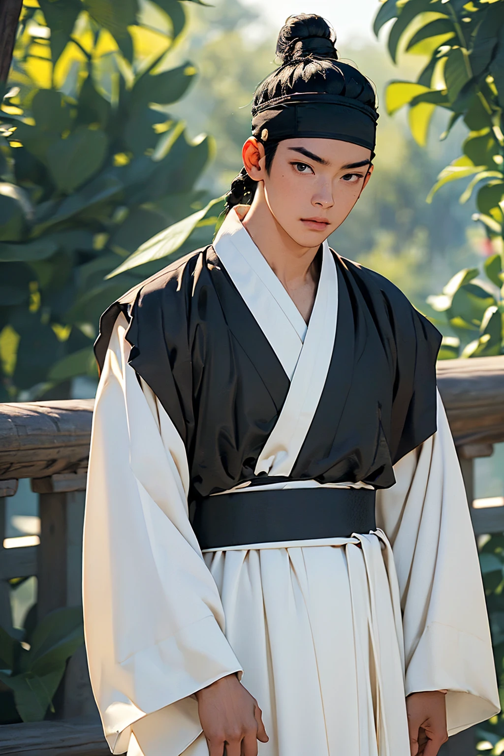 (absurdres, highres, masterpiece, best quality, ultra-realistic,ultra-detailed,(beautiful detailed face and eyes and hair:1.1),handsome,asian man,muscular,black hair,black eyes,datailed face,topknot,see-through headband,white hanbok,little sad,upper body, day of sea