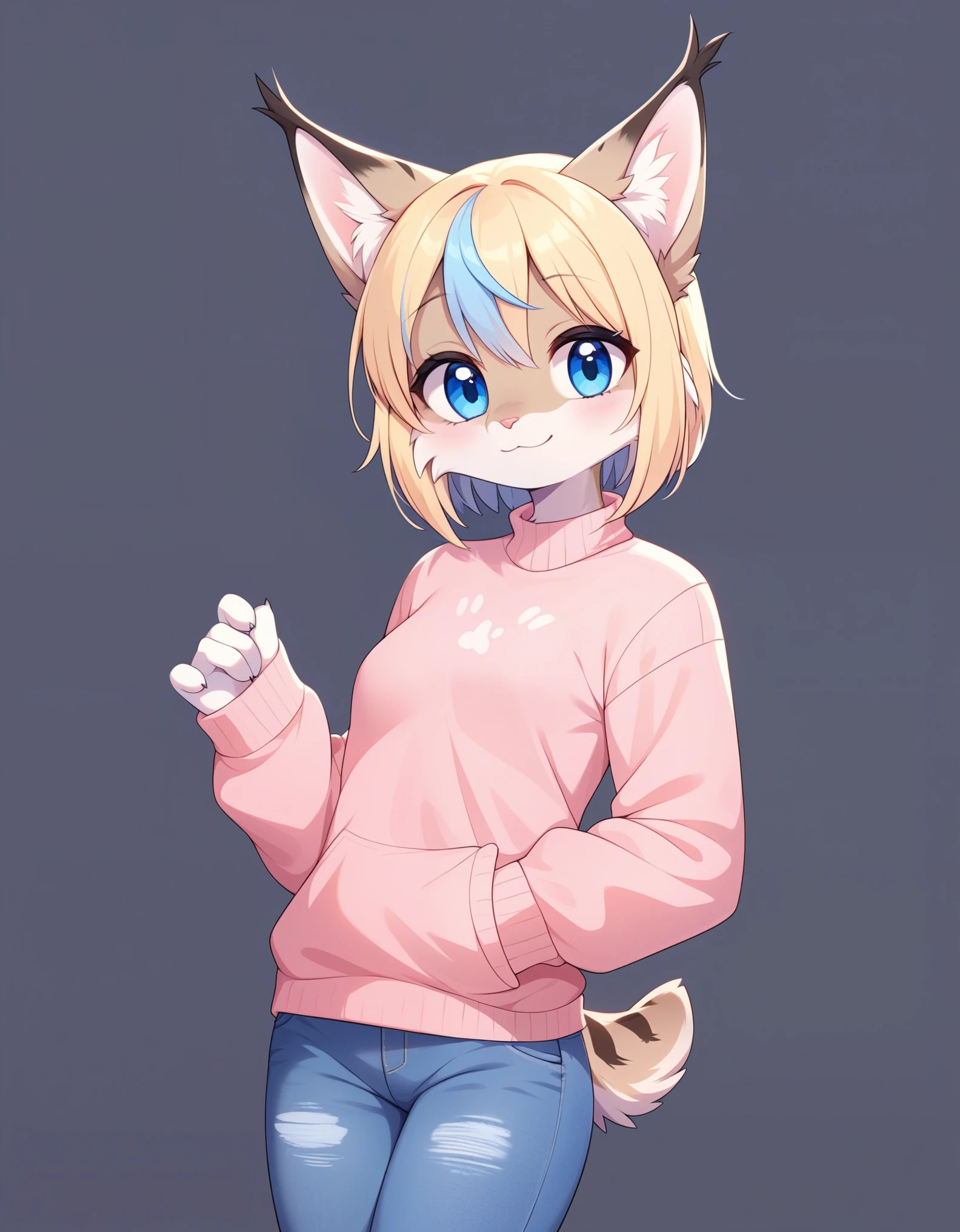 muse_style, score_9, score_8_up, score_7_up, rating_safe,,  1girl, solo, digital_media_(artwork) hi_res,, beautiful, anthro, furry, female, furry female, detailed textured fur, fur tufts, lynx, slim, slender, small breasts, cute, sweater, denim jeans, multicolor hair, streaked hair, red blue blonde silver hair, blonde fur, beautiful blue eyes, smile, solo, SFW,