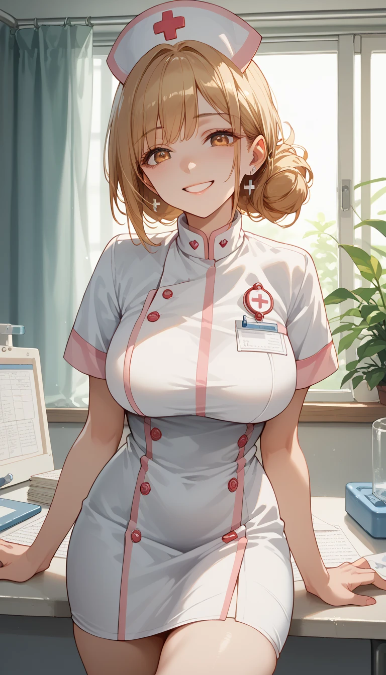 8k, Masterpiece, High Quality:1.2,  delicate illustration,  very detailed,One female,Kitagawa Marln,  bangs, kind, smile, Big Breasts, very nice,nurse,room