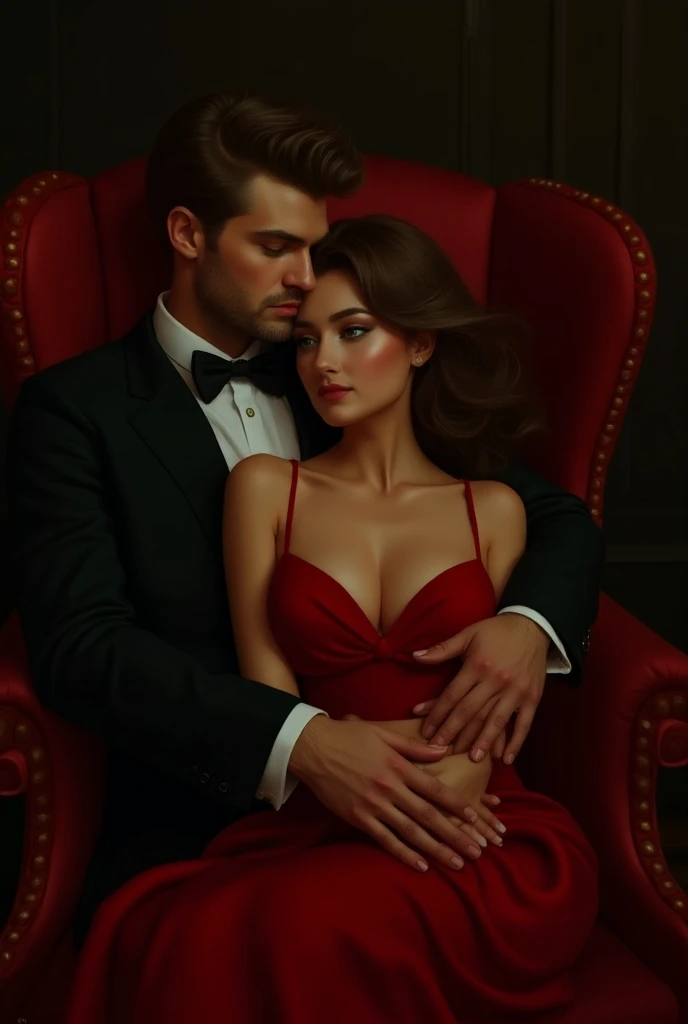 A man handsome tall white young sits on the royal bench and a girl beauty in red dress sits on the lap that boy in a horizontal position, 4 other men tall handsome young, look at the girl stand around the royal bench with There is a rope around the neck and the end of the girl hand
