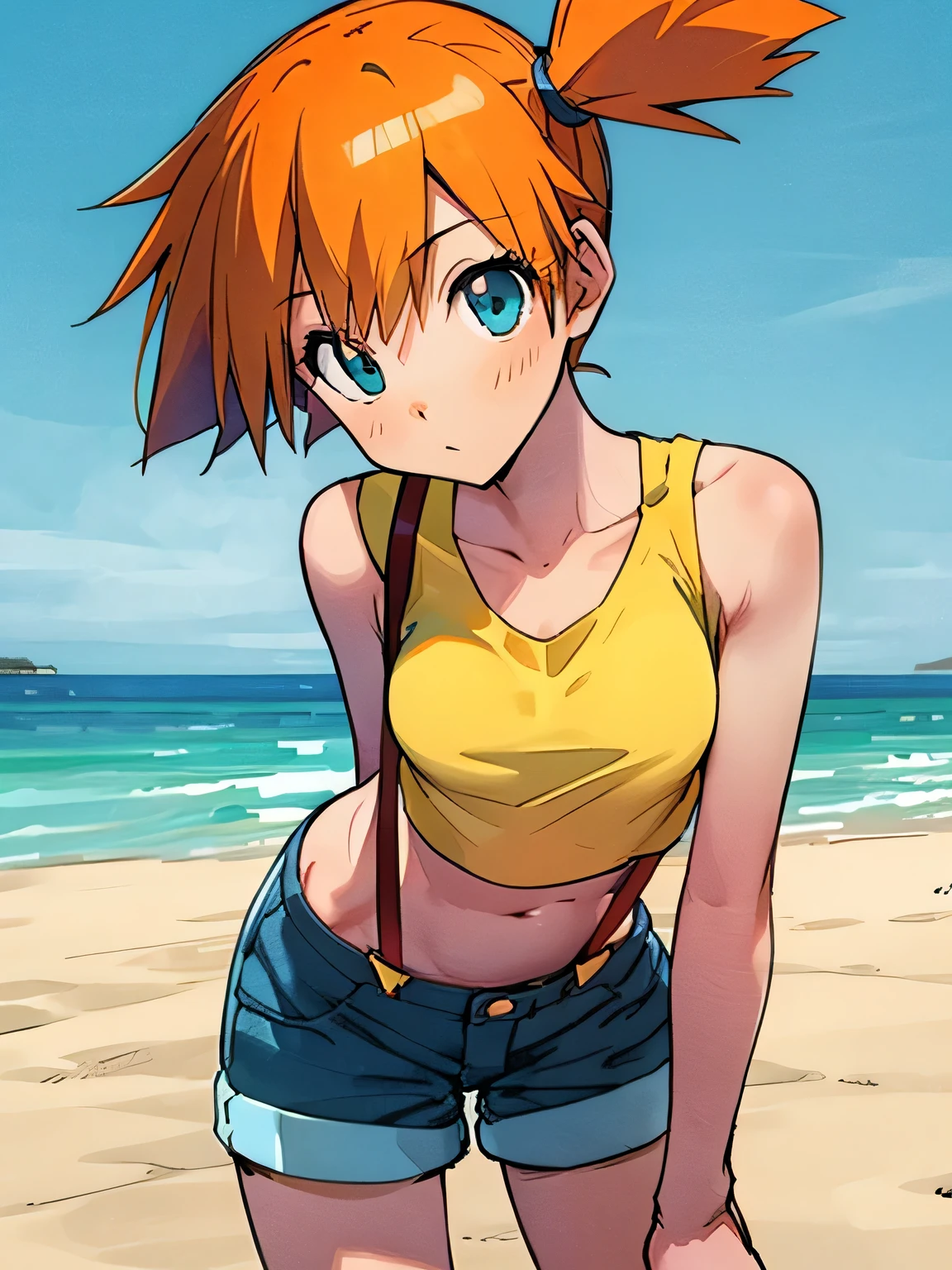 solo,(looking at viewer:1.3),(leaning forward),(indian style),good model pose,1girl, misty (pokemon), orange hair, solo, shorts, suspenders, side ponytail, orange hair, midriff, yellow crop top, navel, short hair, denim, denim shorts,summer,sea,seaside,beach,blue sky,(manga style),(sketch),(illustration),
