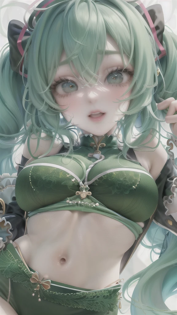 Realistic, 1girl, ((extremely cute young girl, huge breasts, wide hips)), long white hair, huge green eyes, glowing eyes, cut top, (delicate, frilly lingerie), seductive, blush, flowers, ambient lighting, succubus, sexy, glamorous, wet skin