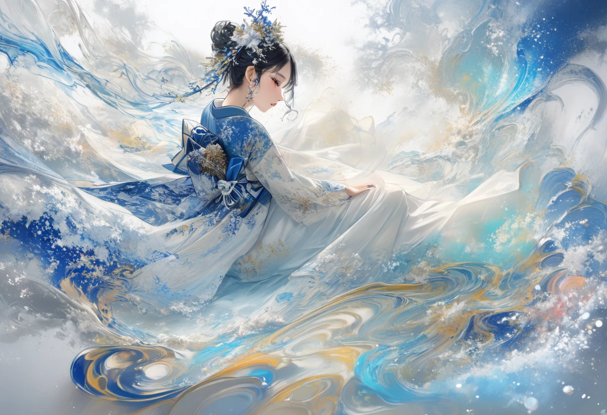 (realistic:1.4). (masterpiece:1.4), (32k), full body, Oriental beautiful girl，sideways，Looking over the shoulder，White transparent real-life painting，Colorful water splash rendering，Facial texture is clear， dress combines elements of a kimono and flowing ribbons, color palette includes deep blue and light blue,  white sand background，messy strokes，holding a bottle of 720ml japanese sake in hand, christmas Atmosphere, christmas environment