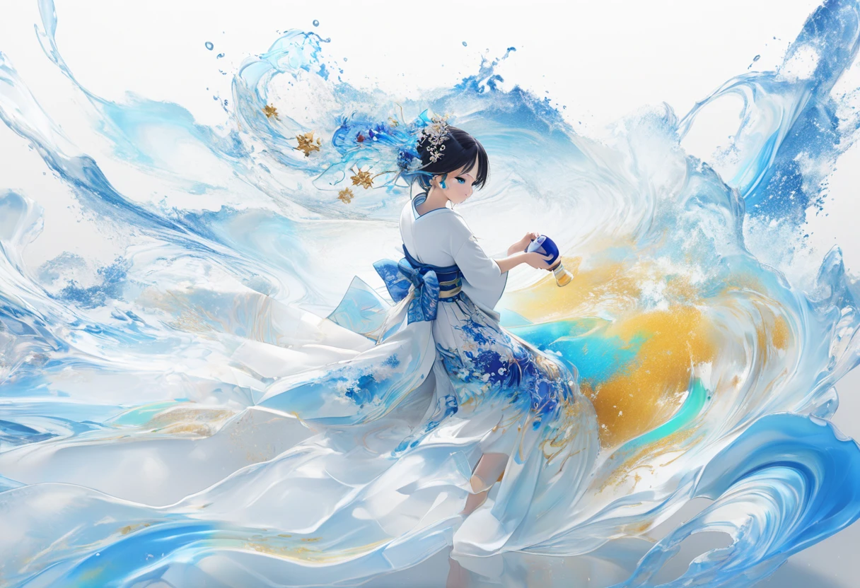 chibi, 3d rendering, full body, sideways，Looking over the shoulder，White transparent real-life painting，Colorful water splash rendering，Facial texture is clear， full body, Oriental beautiful girl，sideways，Looking over the shoulder，White transparent real-life painting，Colorful water splash rendering，Facial texture is clear， dress combines elements of a kimono and flowing ribbons, color palette includes deep blue and light blue, white sand background，messy strokes，holding a bottle of 720ml japanese sake in hand, christmas Atmosphere, christmas environment