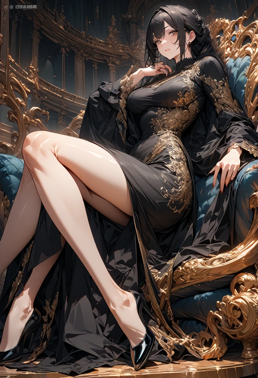 ((masterpiece)),(top quality),(best quality),(((ultra-detailed , 8k quality))), (large masterpiece digital art), (detailed manga ilustration) ,(detailed line art) ,((perfect anatomy)), extremely detailed body, extremely detailed legs, perfect legs, BREAK, Lady wearing a ((long elegant black dress with extreme golden embroidery)) that reveal one leg.