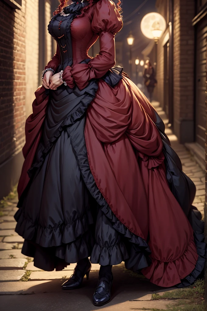 Noble ladies fashion full body in Victorian Era dress red, blue, green a conservative full body pose of a 1910 woman wearing a small hat and business attire and a long skirt , standing in a dark alleyway with gas lighting, a full moon in the background, beautiful character painting,Extremely dark 