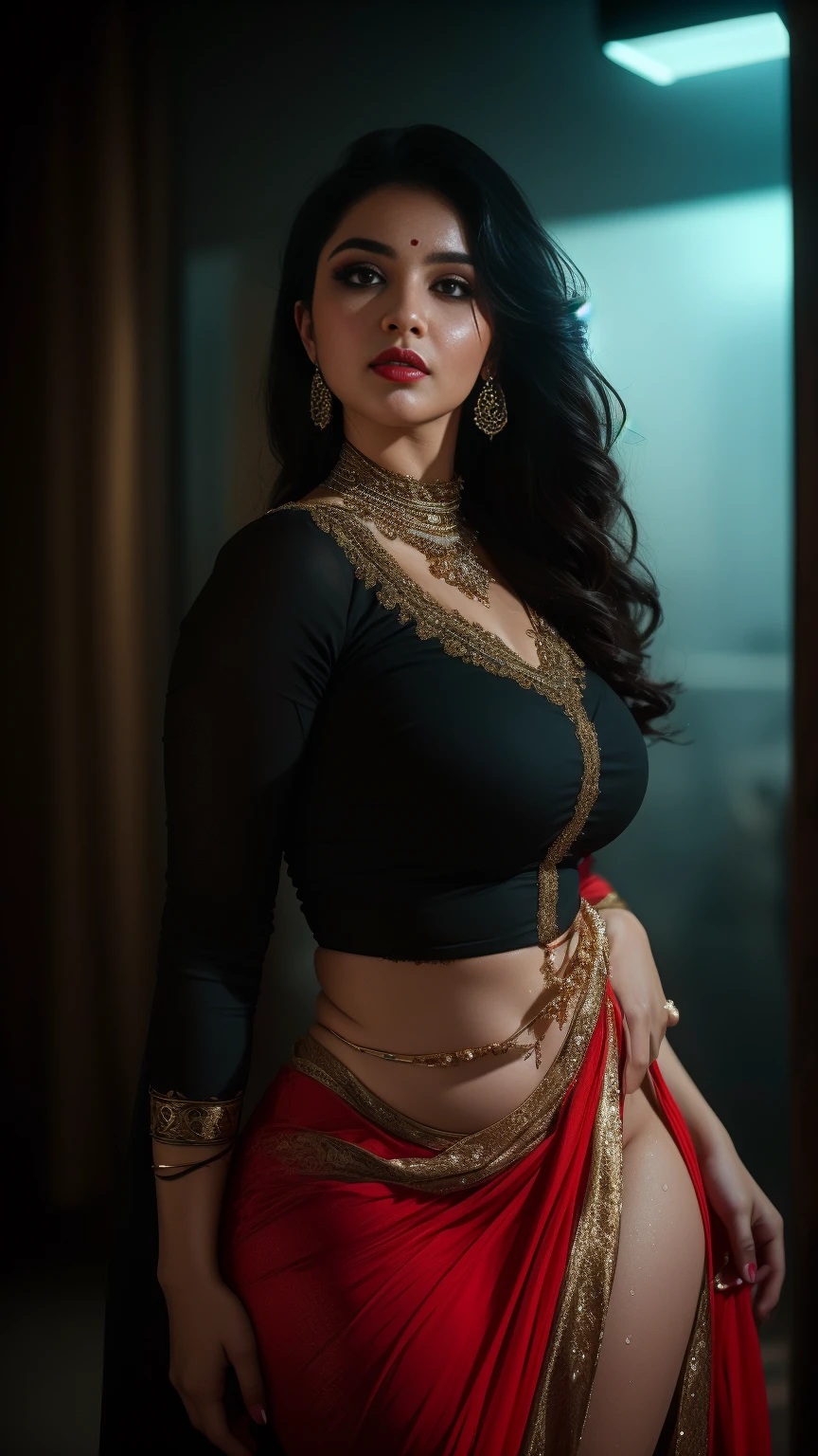  Beautiful cute wet tamanna bhatia, with thick thighs and a curvy waist,  wearing a  beautiful Indian dress, ((low waist)), (tied wet hair)), (( beautiful Indian dress)) , bindi on forehead, highly detailed, depth of field, cinematic lighting, intricate, ((26yo, gorgeous face, model, makeup)), gorgeous Indian woman in outdoor wearing  blouse, fair skin, makeup, curvy, tall, hourglass figure, seductive , ((looking at left)), jewelry, black hair, ((big  :1.0)), ((wide hips:1.1)), full figured, seductive, photorealism, hyper realistic, full face Blush, ((seductive face))  , (Voluptuous model embodying the spirit of a JRPG heroine), (Slim fit body accentuating her curves), (Huge breasts, subtly emphasized for realism), (Best quality rendering in 4K, achievable in 8K, high resolution), (Ultra-detailed and photorealistic: 1.37), (Studio lighting, casting soft shadows and illuminating every detail), (Sharp focus on the model's captivating features), (Physically-based rendering bringing depth and texture to her skin), (Digital art artfully blending reality and fantasy),showing heels, full body view, pishachini, gothic, horror, thick eye liner, standing, subtle smile, dynamic posing, ((full front view)),