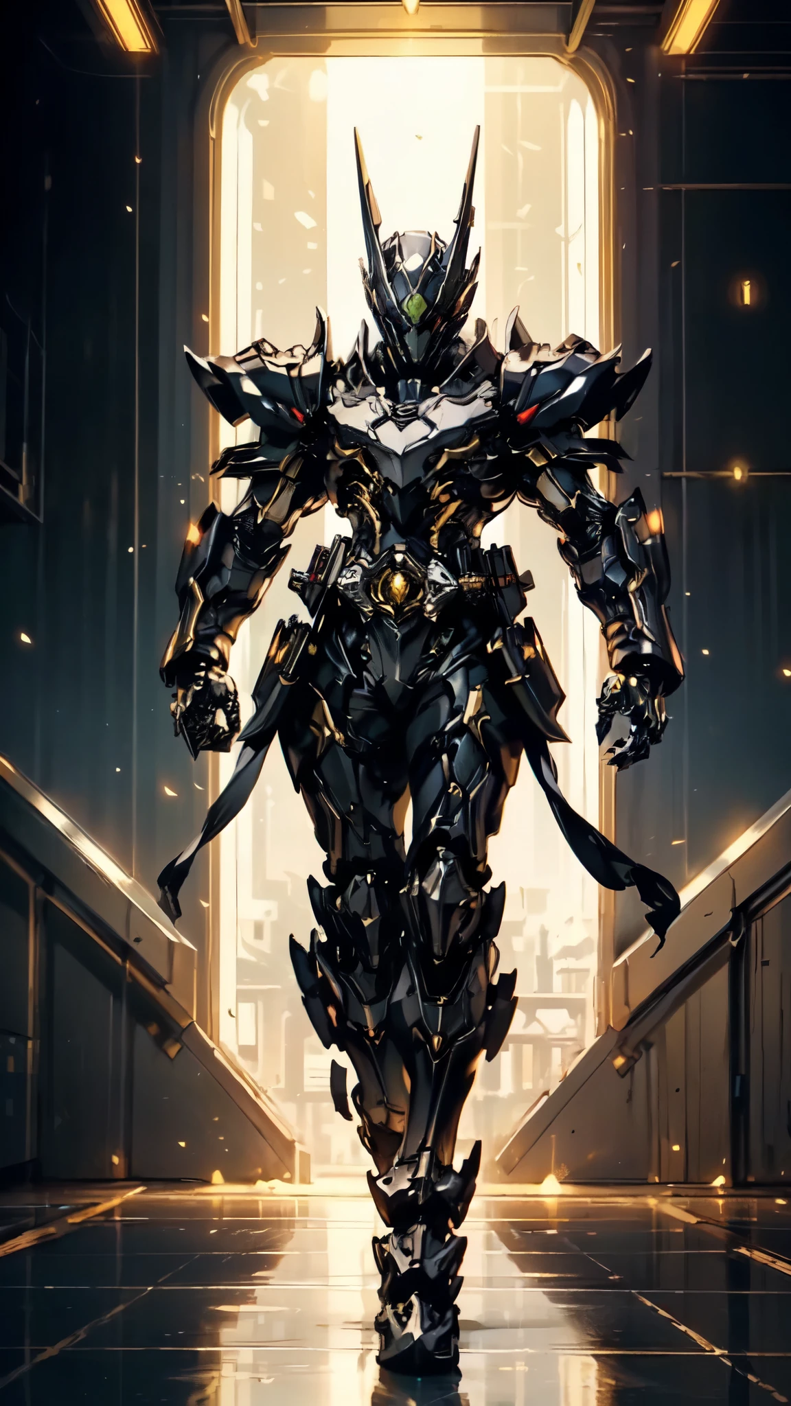 (masterpiece:1.5, best quality:1.5, extremely delicate:1.5), ((male:1.5)), a man wearing a full-face helmet, green eyes, fantasy-style high-tech biomimetic armored combat suit, (a composite layered chest armor), the design balances heavy with agility, fully enclosed shoulder guards, matching arm and leg guards, a belt of gemstone, (the color scheme is primarily Red and Golden with Black accents, Organic Biotech, Concept Inspired by Kamen Rider, glowing eyes, armor glows, stand of a futuristic sci-fi city), this character embodies a finely crafted fantasy-style armored hero in anime style, exquisite and mature art style, metallic, high definition, highres, ultra-detailed, ultra-fine painting, professional, perfect body proportions, golden ratio, anatomically correct, symmetrical face, extremely detailed eyes and face, high quality eyes, creativity, RAW photo, UHD, 32k, Natural light, cinematic lighting, masterpiece-anatomy-perfect