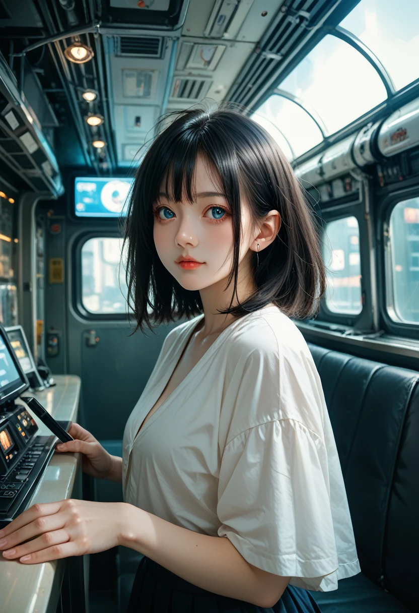 Best Quality, masterpieceUltra HD, 8k,Futuristic spaceship interior，サイバーブルースーツを着たwoman，Black Hair，青 eyes，Shortcuts, Best Quality,High resolution, Ultra HD, blue eyes,