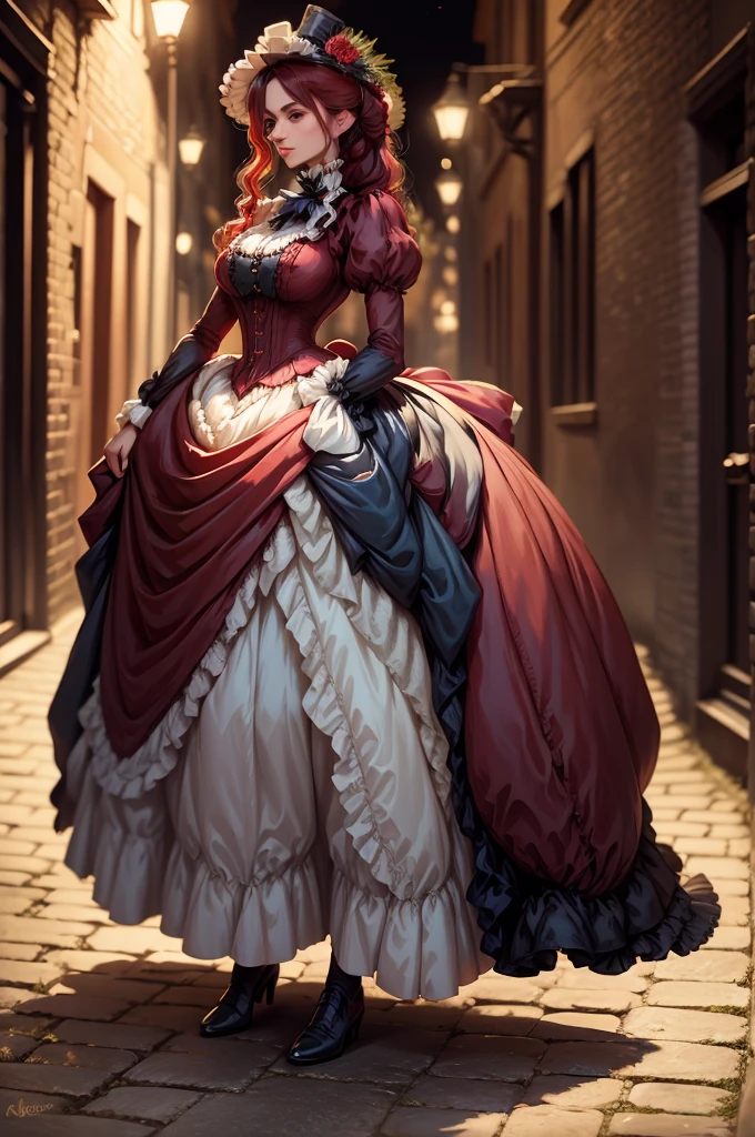 Noble ladies fashion full body in Victorian Era dress red, blue, green a conservative full body pose of a 1910 woman wearing a small hat and business attire and a long skirt , standing in a dark alleyway with gas lighting, a full moon in the background, beautiful character painting,Extremely dark 