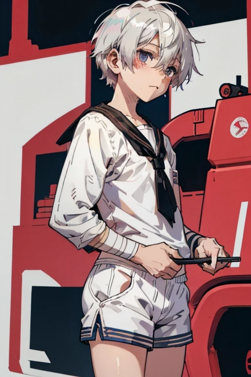 Silver Hair，White hair，Short hair，，Sailor Suit， shorts， Shota，cute，Small，short