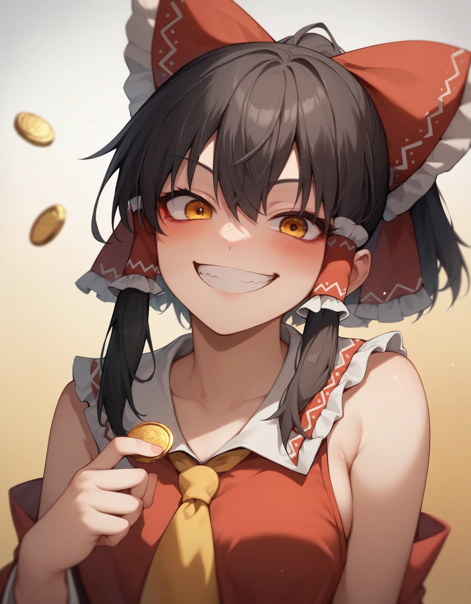 Score_9,score_8_up,score_7_up,solo,1girl, curvy,blush,grin,kind_smile,looking at viewer,crazy smile,(with the gold coin),hakurei reimu \(cosplay\),cartoonized,gradient background,