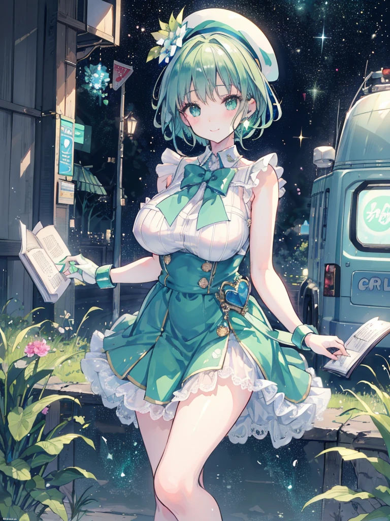 1girl, 53 years old, milf, teal and green hair, messy hair, asymmetrical hair, ahoge, very short hair, aqua eyes, medium breasts, pale skin, glasses, transparent water, blue butterfly, pure white gauze skirt, sparkling