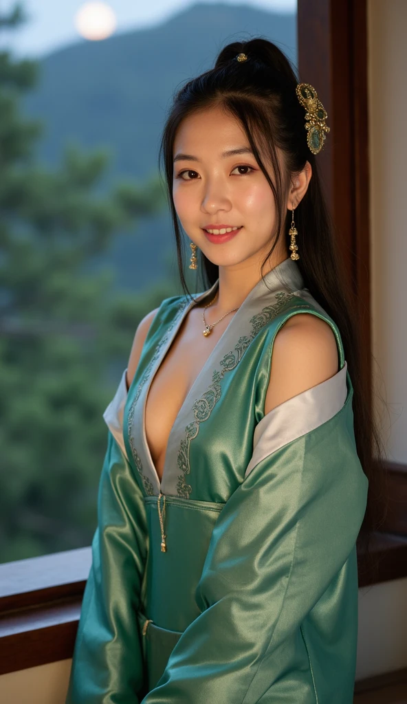 Young Balinese mistress wearing royal Balinese costum, perfect big busty , topless, droopy eyes, flirty face, open mouth sensual lips, lying down on linen, no panty, spreading legs showing pussy, nasty lusty face, fruits on table, royal hall