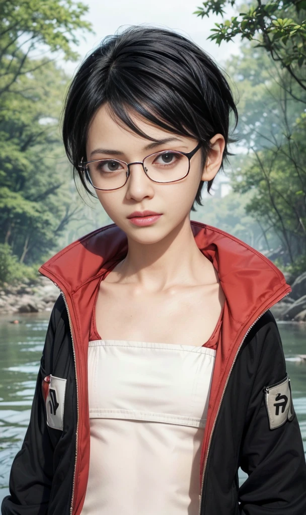 masterpiece, best quality, (realistic,photo-realistic:1.4), (RAW photo:1.2), extremely detailed CG unity 8k wallpaper, delicate and beautiful, amazing,finely detail, official art, absurdres, incredibly absurdres, huge filesize, ultra-detailed,extremely detailed eyes and face,light on face,(little smile),(black hair:1.4),(wearing t-shirt:1.5),(very short hair:1.4),nature,sarada uchiha ,(wearing red framed glasses:1.4),(nature background:1.4),