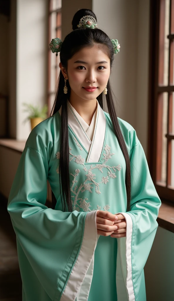 best quality, masterpiece, ultra high resolution, photo realistic, realistic, RAW photo, The ultimate idol model beauty, (happy smile:1.3), looking at viewer, sitting, Facial lighting,Bright backlight, beautiful ancient chinese castle background、outdoor, Medium chest,Ultra-high resolution,Highest quality,photograph,4K,(Realistic:1.2),Phong Bao Bao,One idol girl,alone,Brown eyes,black hair,straight_hair,cute,Cosplay,Fong Baobao (Exile),Are standing,Tilt your head,light makeup,Innocent look,Chinese clothes are light green,Green Dress,thigh,