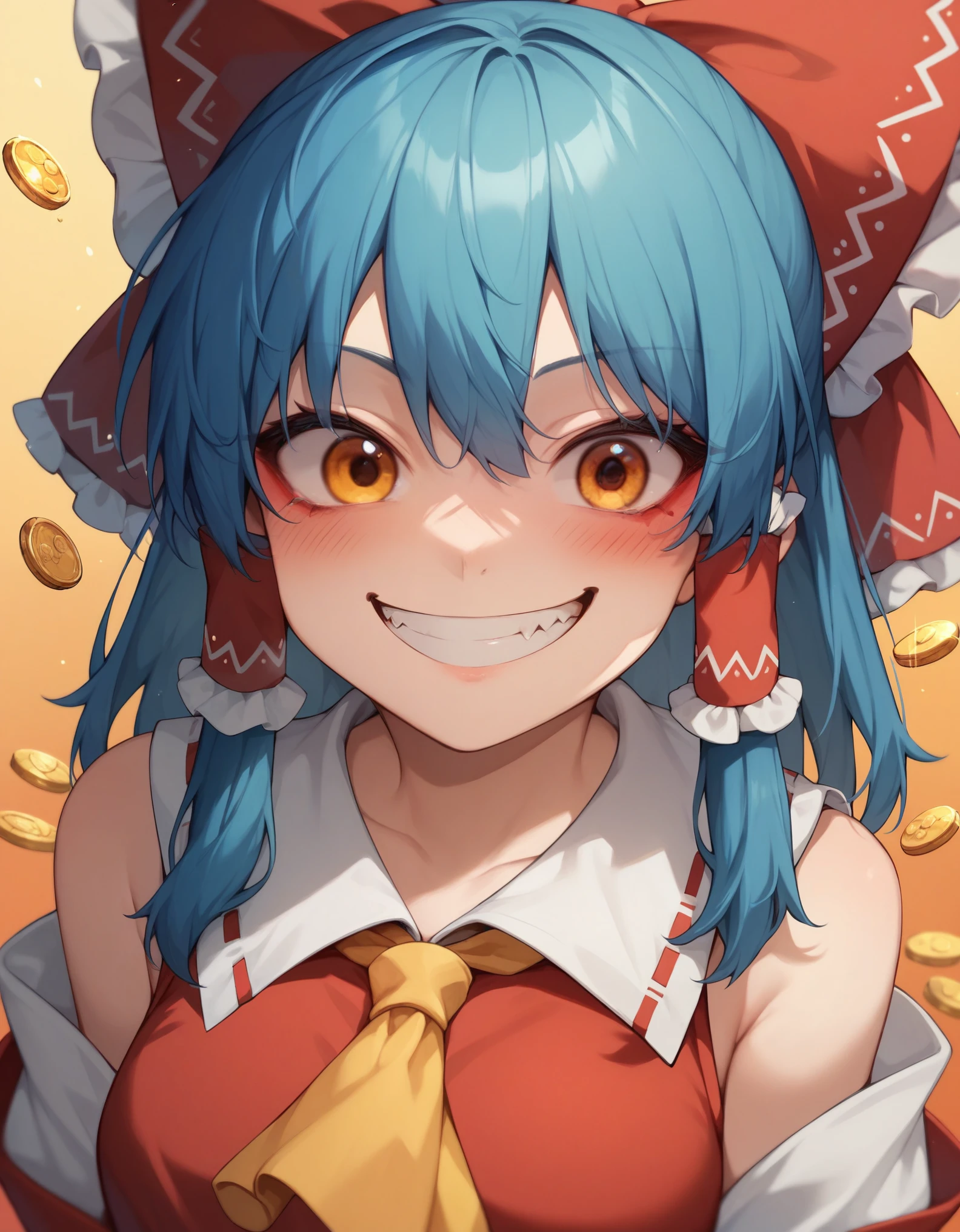 Score_9,score_8_up,score_7_up,solo,1girl, curvy,blush,grin,kind_smile,looking at viewer,crazy smile,(with the gold coin),hakurei reimu \(cosplay\),cartoonized,gradient background,