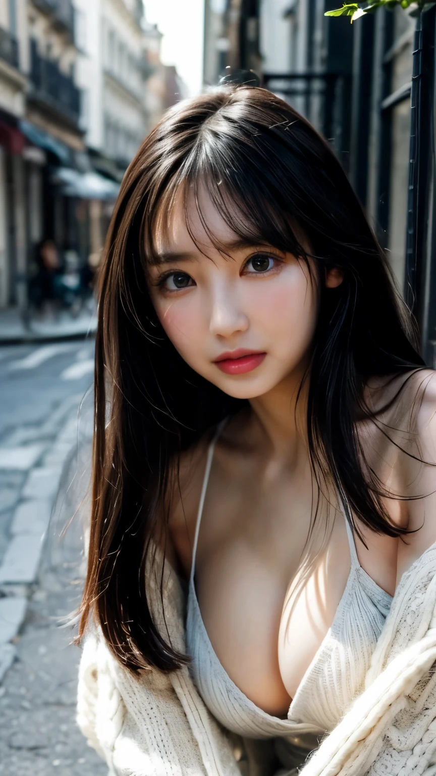  Long black hair ,   straight hair ,  Open front cardigan着用, Seductive lips ,((  White Knitted Sweater 1  .3 )),   lip gloss, Seductive lips, 艶やかな  lip gloss, , ((   eyes staring at the viewer  )), iris ,  sharp eye, High Concentration   ,  Eye Makeup  , Natural tear troughs, small nose,Beautiful Nose, Best Quality, 最 High image quality, Realistic, (  High image quality:1.2), , ( 1 Face  .3 ), autumn, Wear warm clothes,   stylish , Paris cityscape,   stylish な街並み, , ,  Open front cardigan, Moët sleeves,   Crouching   , Exposed legs ,   Delicate and Attractive Female Hands ,  ((Exposed upper body , whole body,  camisole、tits))(