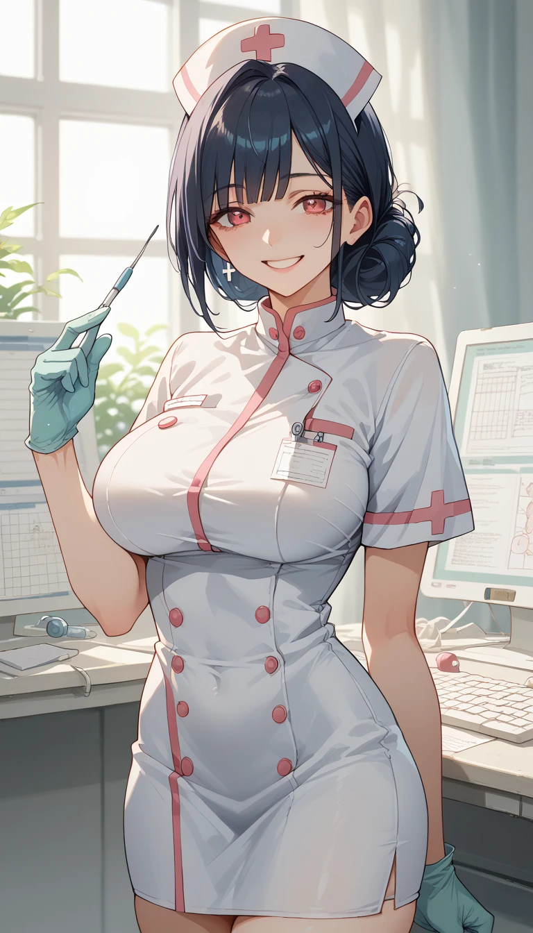 8k, Masterpiece, High Quality:1.2,  delicate illustration,  very detailed,One female,Kitagawa Marln,  bangs, kind, smile, Big Breasts, very nice,nurse,room