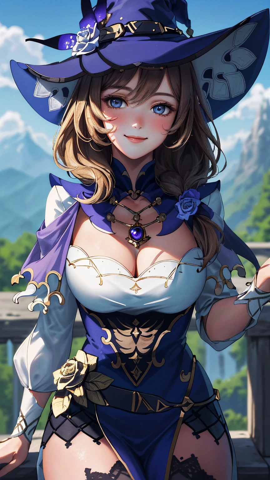 Masterpiece, ultra detail, high quality, 8k cg, (huge breasts), lisadef, blush, bright eyes, standing, outdoor, (fantasy world:1.2), slim body, narrow waist, upper body, smile, waving at the camera