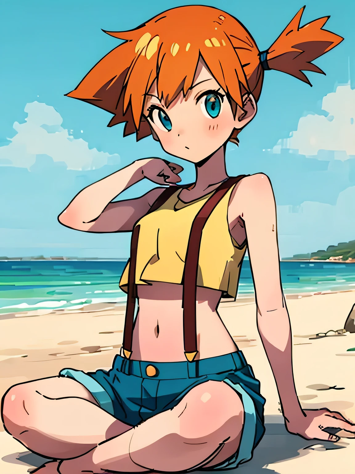 masterpiece, best quality, highres, 1girl, misty (pokemon), orange hair, solo, bikini, slutty bikini, side ponytail, orange hair, short hair, microbikini, small breasts, young slut, sexy pose, open legs, smile, cowboy shot, standing, peace_sign, outdoors, nsfw, slut, pornstar, nipples, cameltoe, huge ass, back view