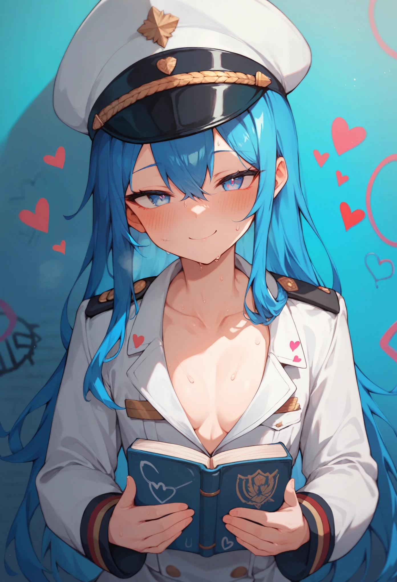 Score_9,score_8_up,score_7_up,solo,1girl,half-closed eyes,long hair,blue hair, small breasts,cleavage,sweat,blush,looking at viewer,seductive smile,colored eyes,military hat,white uniform,holding book,cartoonized,too many hearts,graffiti,blue theme,gradient background,