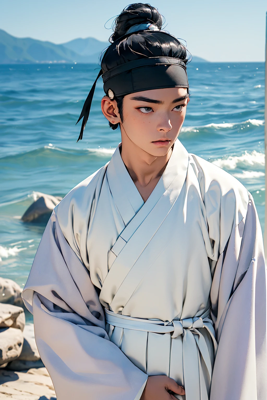 (absurdres, highres, masterpiece, best quality, ultra-realistic,ultra-detailed,(beautiful detailed face and eyes and hair:1.1),handsome,asian man,muscular,black hair,black eyes,datailed face,topknot,see-through headband,white hanbok,little sad,upper body, sea background