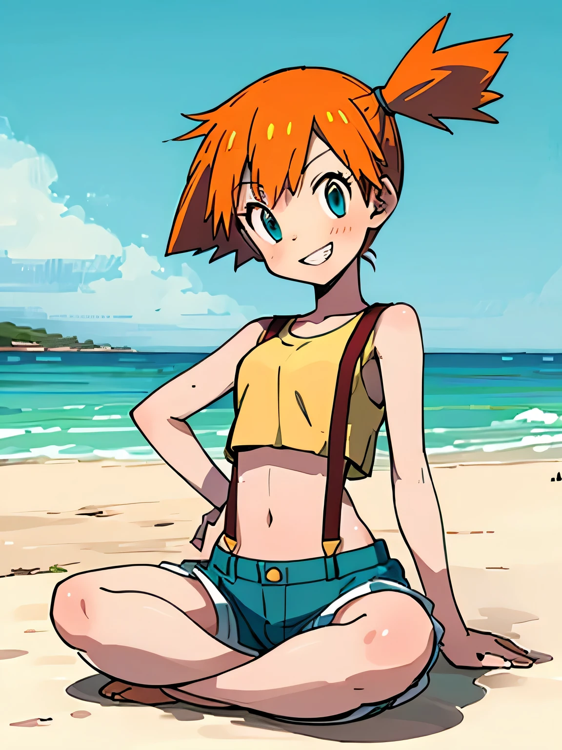 (chibi),solo,(looking at viewer:1.3),((indian style:1.3)),good model pose,1girl, misty (pokemon), orange hair, solo, shorts, suspenders, side ponytail, orange hair, midriff, yellow crop top, navel, short hair, denim, denim shorts,pokemon,(monster ball(pokemon)),grin,summer,sea,seaside,beach,blue sky,(manga style),(sketch),(illustration),