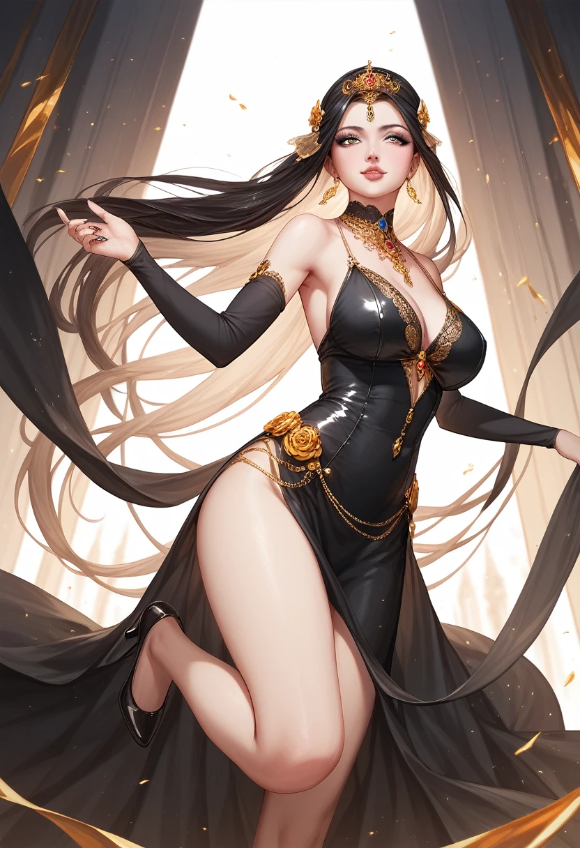 ((masterpiece)),(top quality),(best quality),(((ultra-detailed , 8k quality))), (large masterpiece digital art), (detailed manga ilustration) ,(detailed line art) ,((perfect anatomy)), extremely detailed body, extremely detailed legs, perfect legs, BREAK, Lady wearing a ((long elegant black dress with extreme golden embroidery)) that reveal one leg.