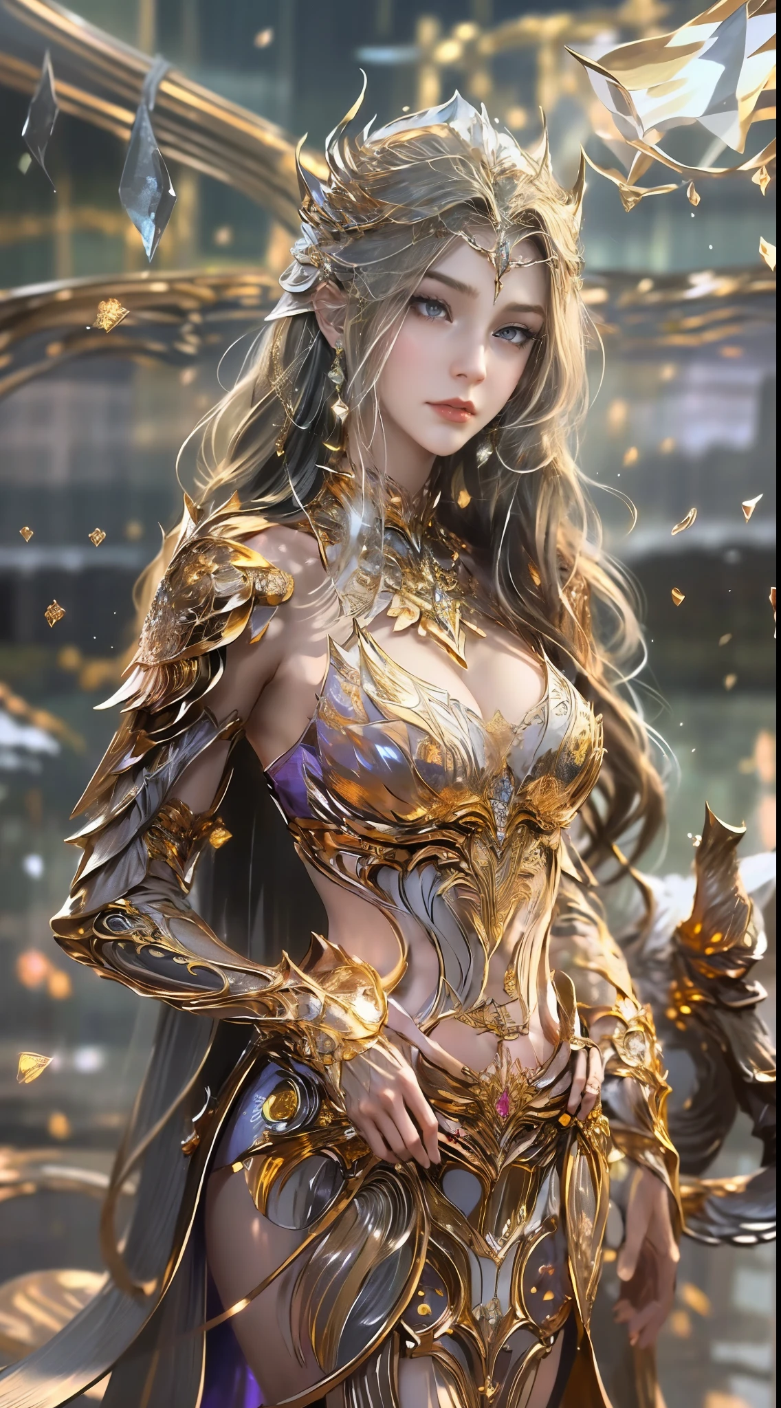 Woman in a golden transparent dress,view the viewer, beautiful eyes,(((breasts, Large cleavage))),Slim waist,(navel baring,Bare waist), Long hair, Ultra-detailed details,High-end Zhenyi station, Rainstorm site, detailed fantasy art, Stunning character art, Beautiful and exquisite character art, Beautiful gold and silver armor, Extremely detailed, Girl in shiny armor, Exquisite tiaras and jewelry,Crystal jewelry filigree,Delicate pattern, intricately details, (Rich:1.4), prestige, Gorgeous, luxury goods, Royal Palace, jewelry, Pedras preciosas, gold, Diamond, (golden rose), Reflectors,milky ways, Stunning visuals, (dynamic streaks, light tracks:1.2), Vibrant colors,