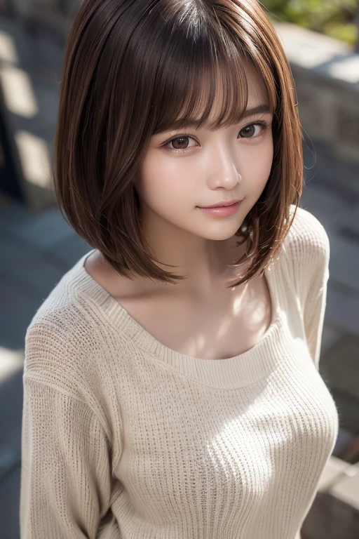 (8k, RAW photo, ultra high res, best quality, masterpiece:1.2), ((Portrait photography)), (extremely detailed CG unity 8k wallpaper), dynamic lighting, perfect lighting, (a Japanese cute girl:1.2), (20 yo:1.2), (beautiful round-face:1.2), high detailed beautiful eyes, medium breasts, (brown hair, short hair, bob cut:1.2), (light smile, closed mouth:1.1), gleaming skin, beautiful skin without moles, (beige sweater, white chiffon blouse, denim shorts:1.2), (view from above, looking at viewer, half body shot:1.2), in simple background