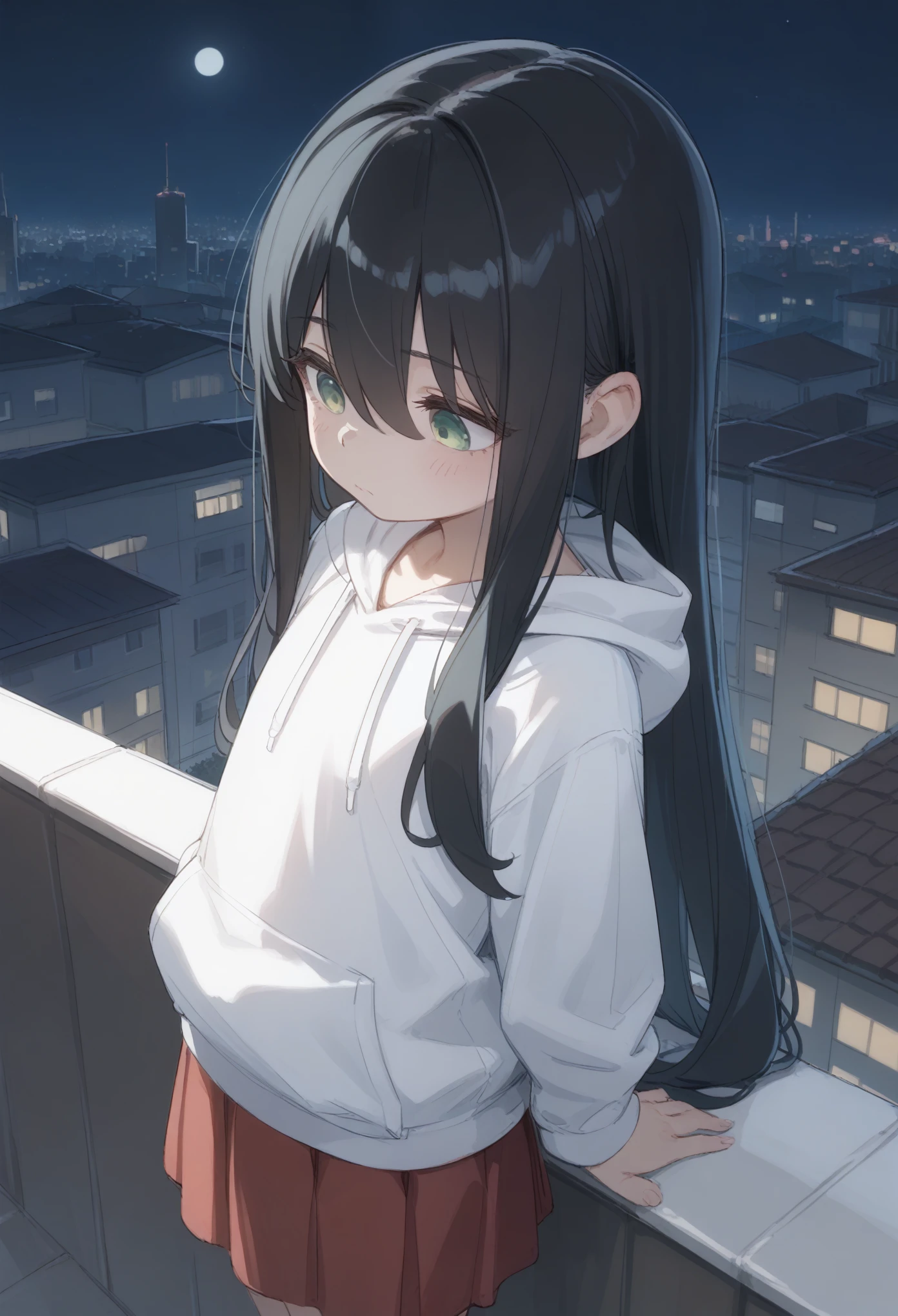 ((Best Quality)), ((masterpiece)), ( Details), 1girl, Alone, ****, cute, cute face, sketch-style illustration, The lines are unstable in thickness, hair over eyes, wispy bangs, very long hair, tired hair, hair between eyes, white Hoodie, dark hair, black hair, beautiful detail eyes, sorrowful, light green eyes, Hoodie, look down, from side, high angle, at night, dark, dark red skirt, modern buildings, rooftop