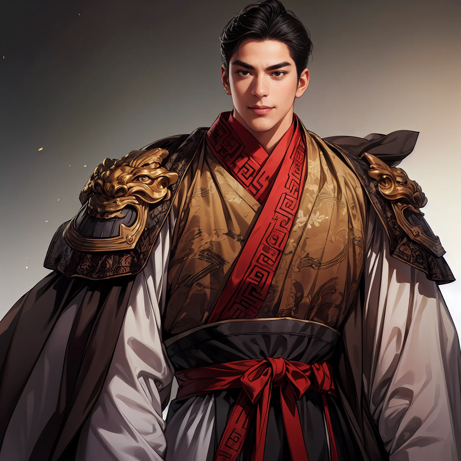 (Best Quality,4K,8k, Hi-Res,masterpiece:1.2),Super detailed,(Realistic,photoRealistic,photo-Realistic:1.37),1 person,3, mature male ,Very handsome,No facial expression,smile,Short gray-black hair,perfect eyes,Sharp Eyes, ancient chinese armor、 perfect face wearing Japanese clothes with no errors,Intimidating posture,Slender and toned body:1.2, Ancient Chinese Generals ,Office Background, Movie Lighting,HDR images, cowboy shots:1.3,from below,wide view:1.2, white background:1.3,simple background:1.2