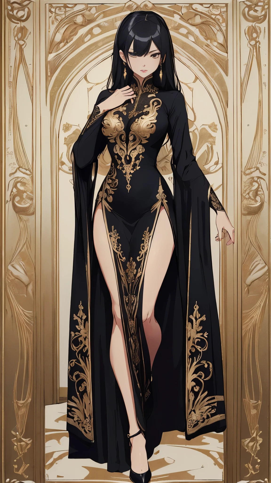 ((best quality,4k,highres,masterpiece:1.2)),((character concept art)), 1 female, French origin, age 31, brunette hair. Her presence is incredibly sexy and seductive, adding an extra layer of intrigue and danger to her overall persona. She is wearing a stunning Versace Crystal-Embellished Silk Gown, adorned with crystals, featuring a fitted silhouette, a deep V-neckline, and a high leg slit. The luxurious silk gown embodies Versace's signature dramatic style, perfect for an evening event. She is also wearing a pair of Christian Louboutin high heels, adding to her allure. ((intricate detail)), super finely detailed hands, ultra finely detailed fingers(((ten fingers))), (standing seductively), (full body showcase), (show full body), (no logos on background), (no logo), ((plain background)), ((plain background)), (((empty background))).