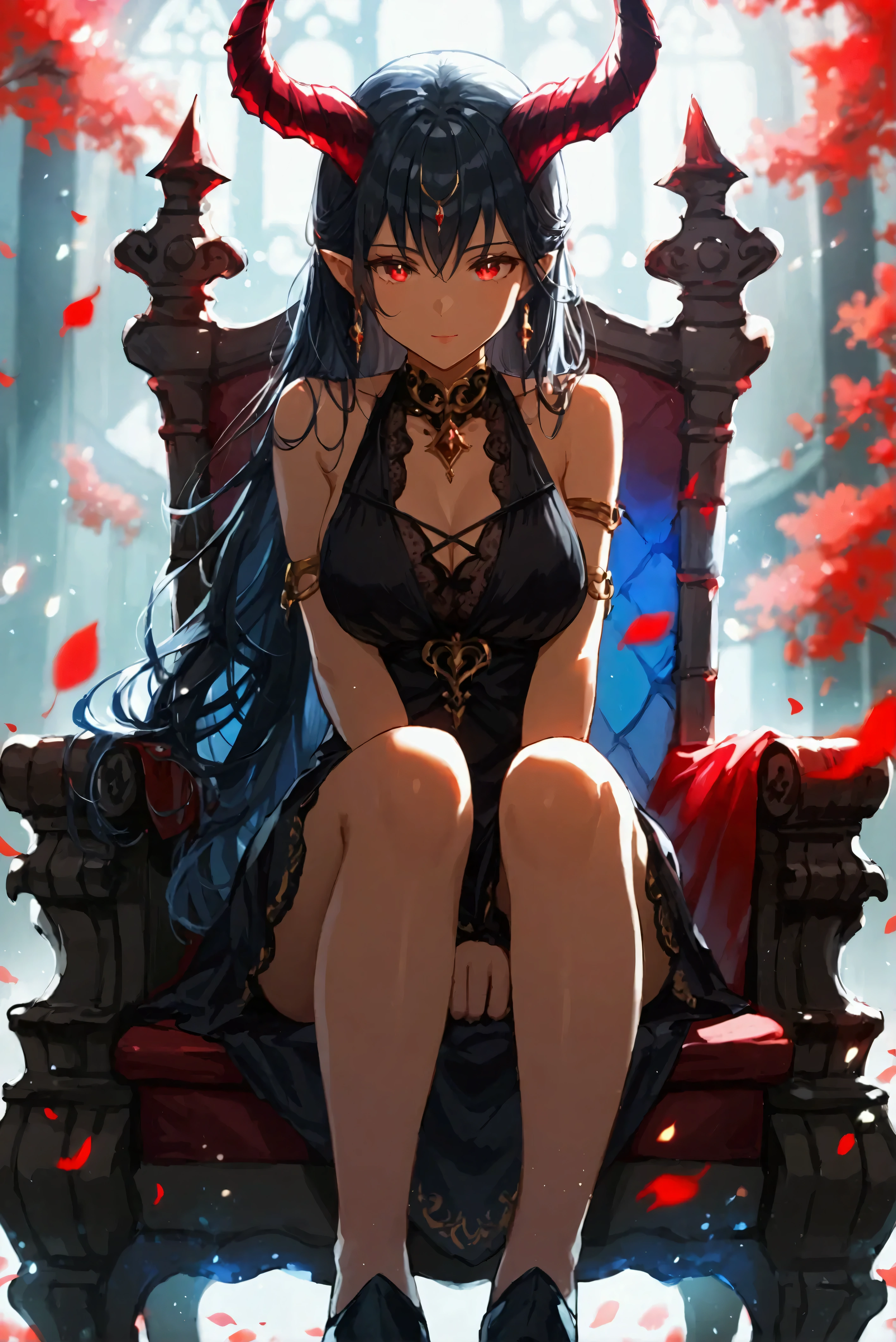 ((Highest quality)), ((masterpiece)), (detailed), （Perfect Face）、The woman is Aoki Reika, the wife of the Great Demon King and the Great Demon Queen, with medium-long hair. She is wearing a revealing, provocative, and luxurious black dress with gold embroidery and trim, and is adorned with luxurious accessories.、The woman is sitting with the Great Demon King on a large sofa in his castle, held close by him.