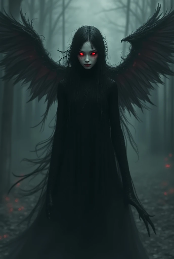 A beautiful girl crying, with bloody wings on his back, with a broken wing and with blood and black hair, long, straight and with white skin, dressed in a torn black dress, with background in the forest at night, realist, 8k
