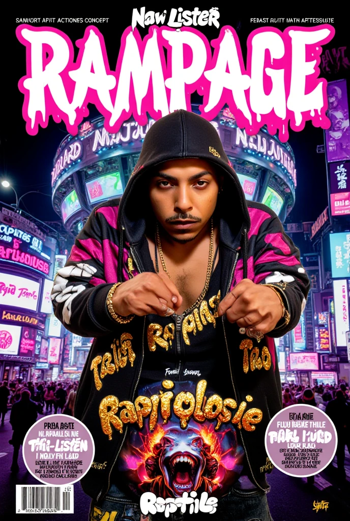 a Hyper-realistic photorealistic image of Nztykle 8k Action Fight Poses, Fibonacci, Bold Text that says 'NA LISTEN' and "RAPTILE" (magazine:1.3), (cover-style:1.3) striking appearance,tachi-e (magazine:1.3), (cover-style:1.3), Streetwear, Luxury, fashionable, man, masculine, vibrant, outfit, posing, front, colorful, dynamic, background, elements, confident, expression, holding, statement, accessory, majestic, coiled, around, touch, scene, text, cover, bold, attention-grabbing, title, stylish, font, catchy, headline, larger, striking, modern, trendy, focus, fashion,magazine_cover,Magical girl,milf,GtsGiga,Gtscity,cityscape,Looming,Rampage,blacklight
