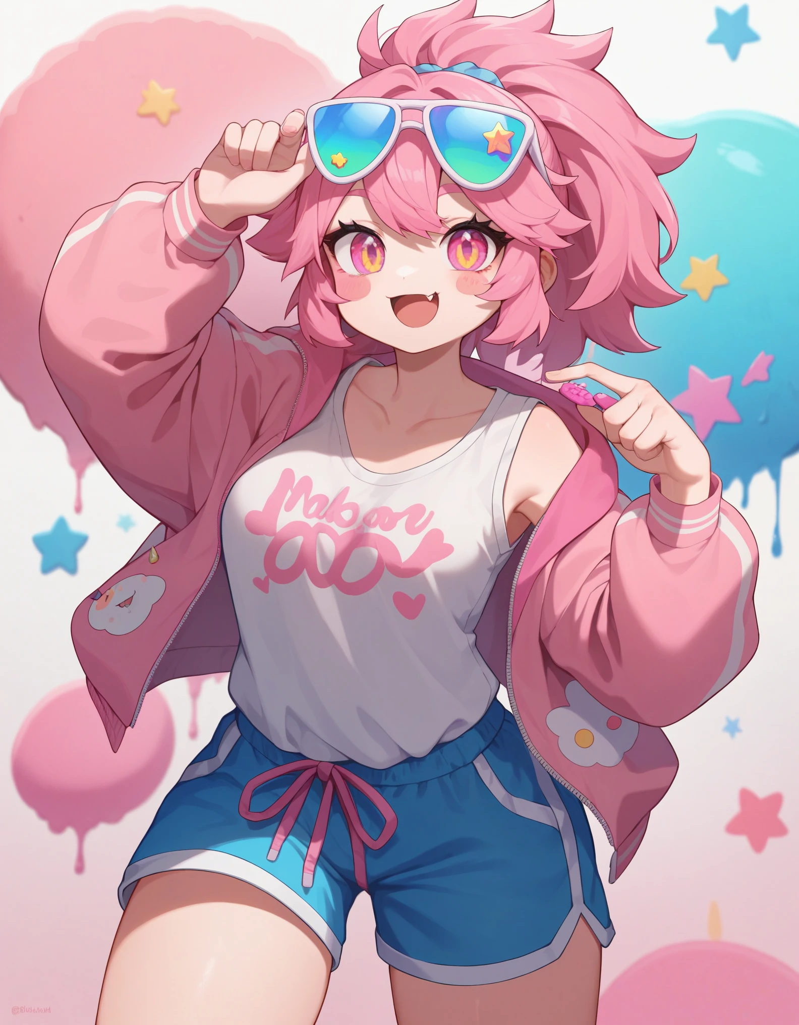 Score_9,score_8_up,score_7_up, muse_style, 1girl, solo,  mesugaki,:3,bunches,curvy,looking at viewer,blush stickers,colored sclera,pink hair,fang out,sports sunglasses,loose clothes,shorts,sprinkles,happiny,cartoonized,graffiti,pink theme,gradient background,